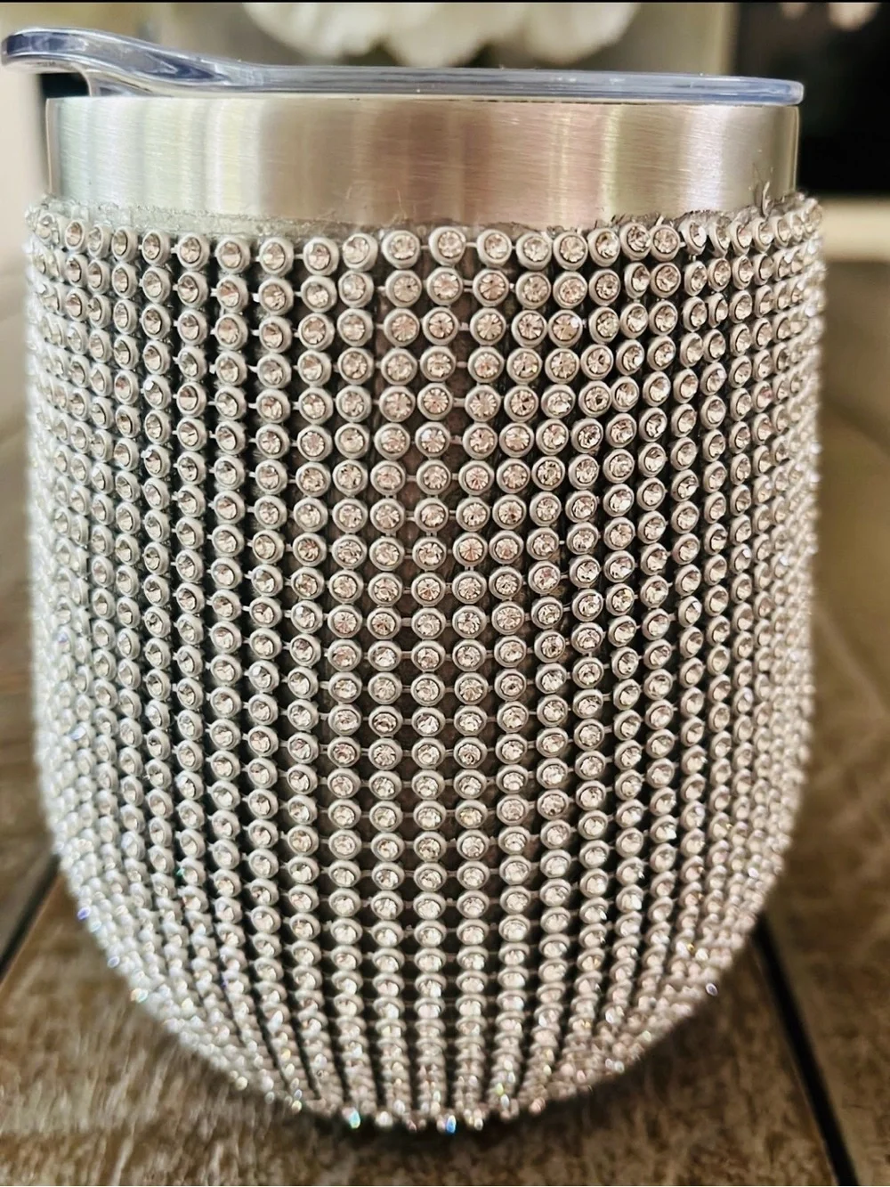 Silver Crystal Beaded Insulated Stemless Wine Tumbler with Lid - New